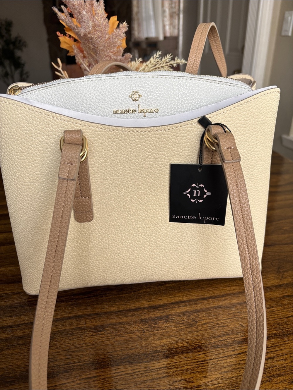 Nanette Lepore Cream and Tan Pebbled Shoulder Tote with Gold Accents